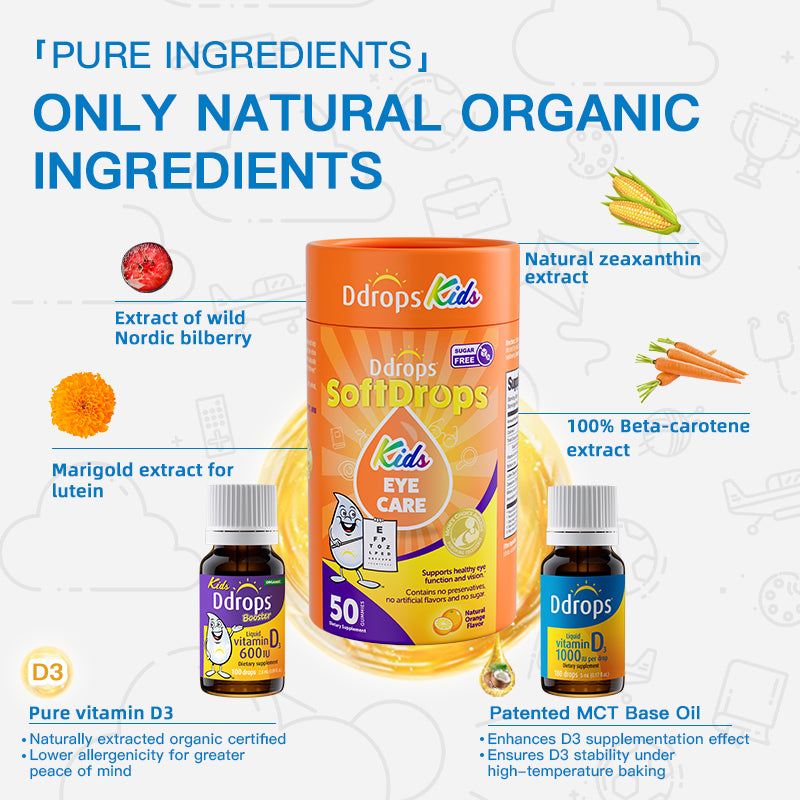 Ddrops Family Vision & Bone Health Set, Vitamin D3 600IU + 1000IU + Kids Eye Health Gummies