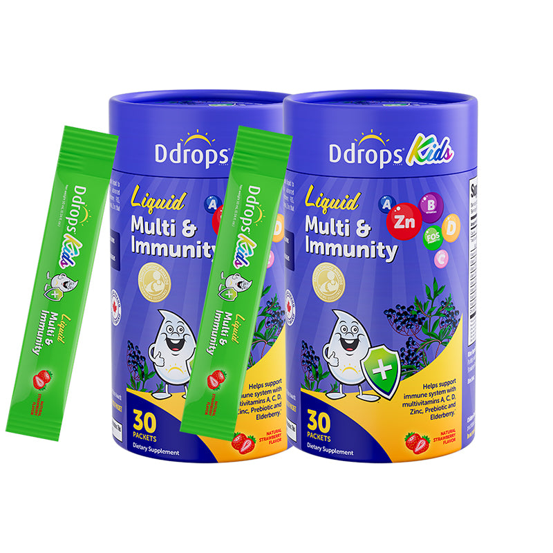 Ddrops Liquid Immune Support for Kids | Triple Immune Blend · Natural Strawberry Flavor · 30 Individual Sachets