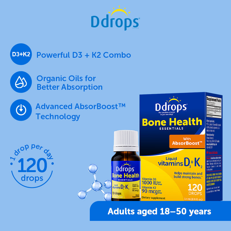 Ddrops Liquid Vitamin D3 1000 IU + K2 | Bone Support suitable for 18-50years (3.4ml/120 drops)