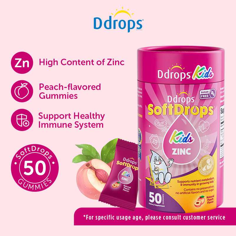 Ddrops SoftDrops Kids Zinc 50 Gummies, Natural Peach Flavor(Individually Packed)