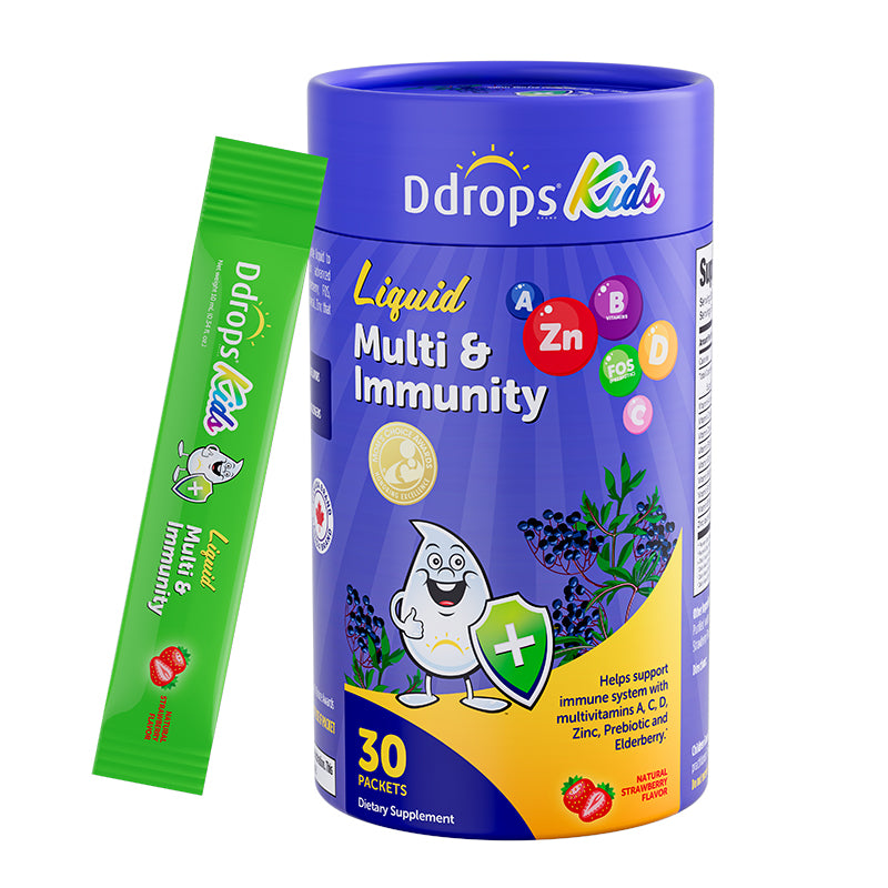 Ddrops Liquid Immune Support for Kids | Triple Immune Blend · Natural Strawberry Flavor · 30 Individual Sachets