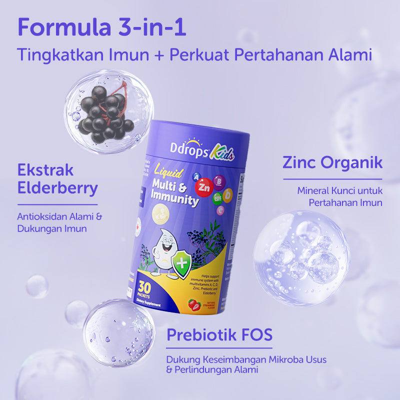 Ddrops Liquid Immune Support for Kids | Triple Immune Blend · Natural Strawberry Flavor · 30 Individual Sachets