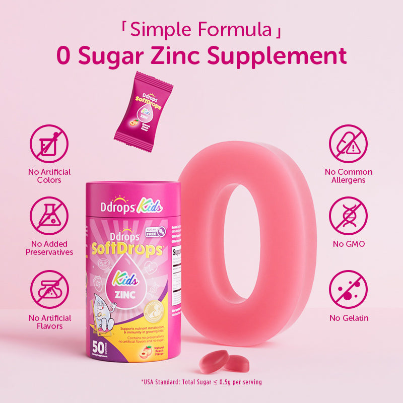 Ddrops SoftDrops Kids Zinc 50 Gummies, Natural Peach Flavor(Individually Packed)