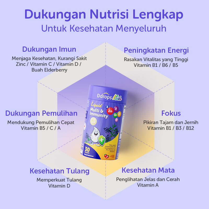 Ddrops Liquid Immune Support for Kids | Triple Immune Blend · Natural Strawberry Flavor · 30 Individual Sachets