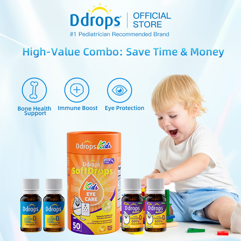 Ddrops Family Vision & Bone Health Set， Vitamin D3 600IU + 1000IU + Kids Eye Health Gummies