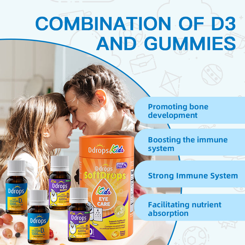 Ddrops Family Vision & Bone Health Set， Vitamin D3 600IU + 1000IU + Kids Eye Health Gummies