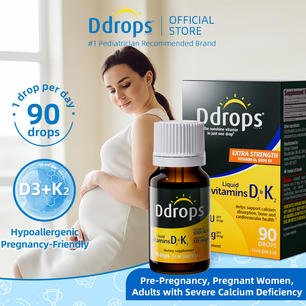 Ddrops Liquid Vitamin D3 5000IU&K2 2.5ml 90 drops