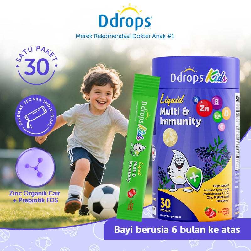Ddrops Liquid Immune Support for Kids | Triple Immune Blend · Natural Strawberry Flavor · 30 Individual Sachets