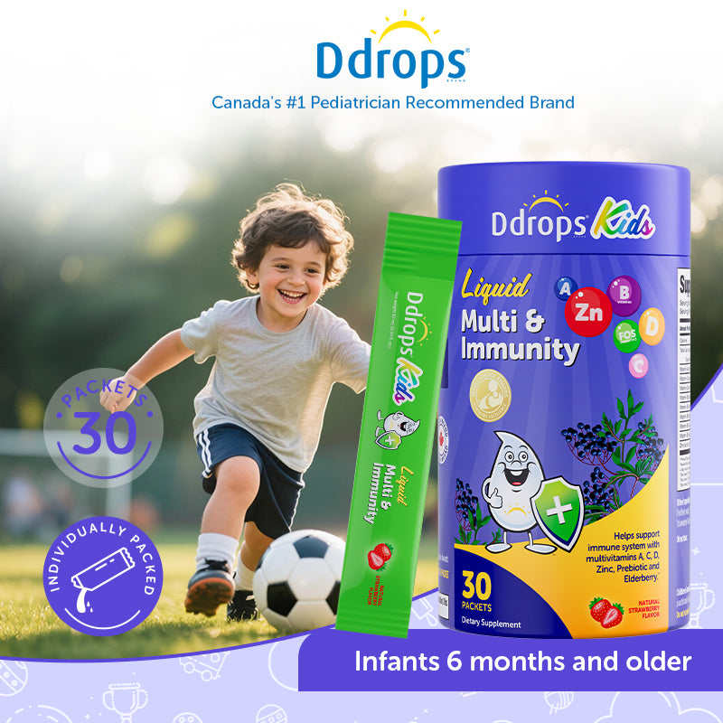 Ddrops Liquid Immune Support for Kids | Triple Immune Blend · Natural Strawberry Flavor · 30 Individual Sachets