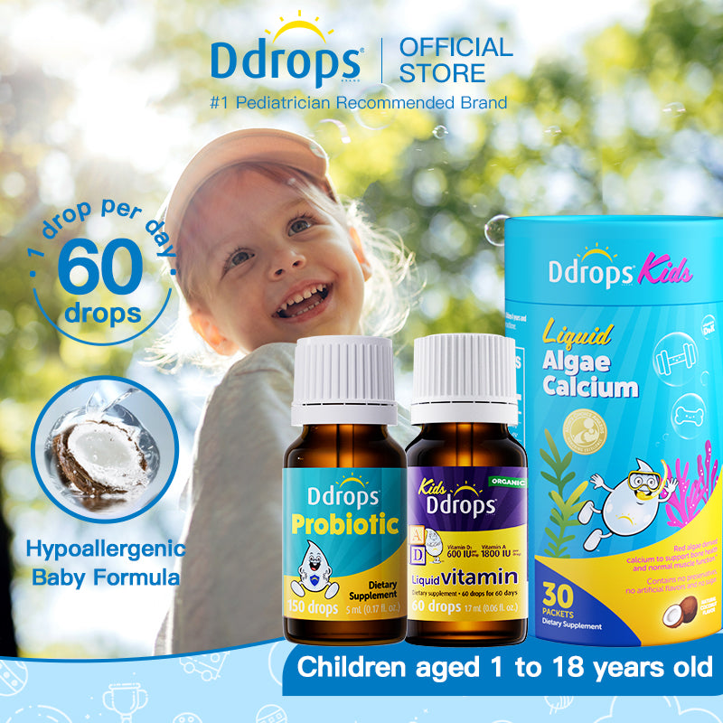 Ddrops Kids Triple Care Growth Set, Probiotics + Liquid Calcium Magnesium Zinc + Vitamin AD