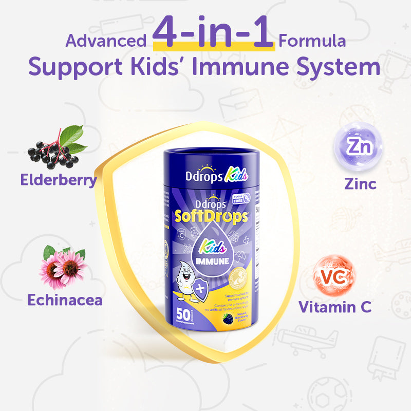 Ddrops SoftDrops Kids Immune 50 Gummies, Blackberry Flavor（Individually Packed）