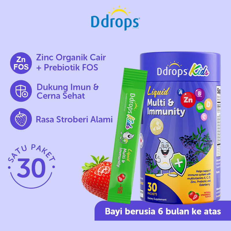 Ddrops Liquid Immune Support for Kids | Triple Immune Blend · Natural Strawberry Flavor · 30 Individual Sachets